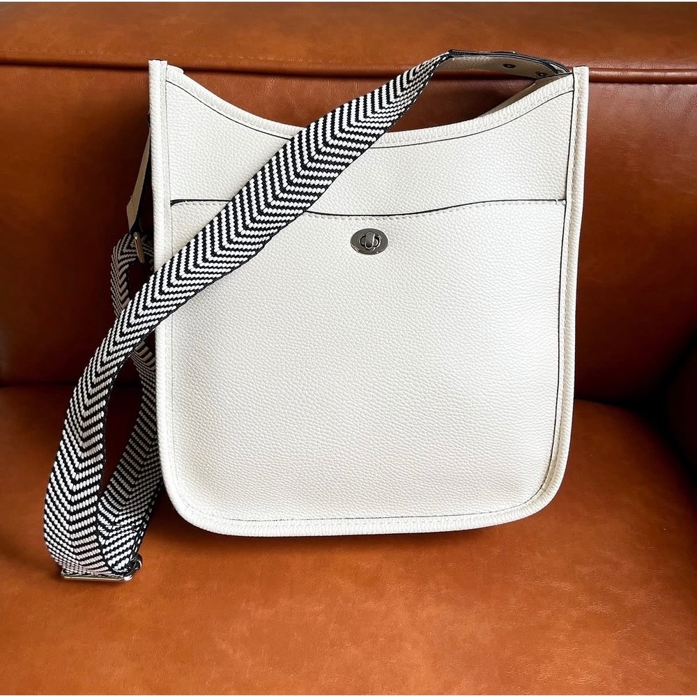 Rae Dunn Crossbody Bag Women Medium White Chevron Guitar Strap Messenger - Picture 11 of 11
